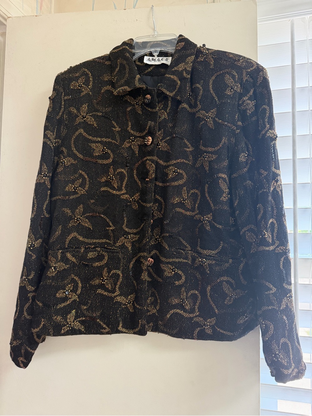 Anage Black Beaded Jacket with Metallic Gold Swirl Motif